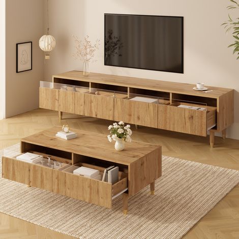 Set mobile TV e tavolino da salotto in MDF effetto legno, con LED 7 colori, ante e cassetti, 178x35x45 cm / 110x50x40 cm