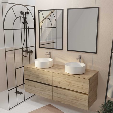 Mobile Bagno 120cm 4 Cassetti Rovere Naturale, 2 Lavabi Ø36cm in Ceramica Bianca, 2 Specchi 60x80