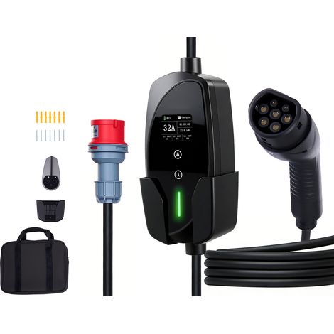 Mophorn Cargador para Vehículo Eléctrico Tipo 2 Trifásico 22 kW 32 A, Estación de Carga de Pared con Cable de 7 m, Punto de Carga con Enchufe CEE32, Pantalla LCD y Caja de Control IP66 (1/5)