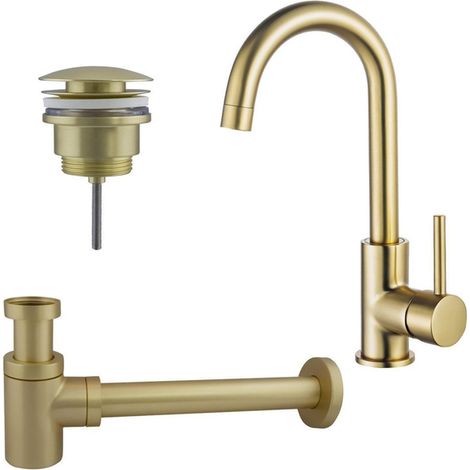 Fortifura Calvi Kit robinet lavabo - robinet haut - bec rotatif - bonde clic clac - siphon design bas - Laiton brossé PVD