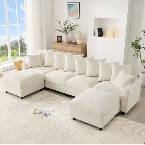 Canapé d'angle modulable 6 places 283x153,5x78,5 cm, 2 poufs, 10 coussins, USB Type-C, chenille beige (1/5)