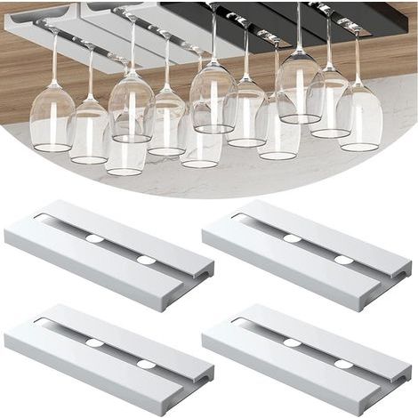4 Pièces Porte Verre à Vin Suspendu, Support de Verre à Vin Sous Armoire Sans Perçage Porte-Verres à Pied Suspendu Auto-adhésif Accroche-verres Pour étagère Pour Bar Cuisine Restaurant (Blanc) (1/5)