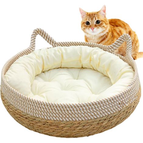 1 Lit Chat Panier Tissé 40x15cm Coussin Doux Résistant Griffures Intérieur