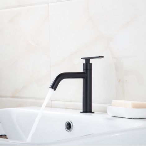 Robinet d'Eau Froide à levier unique robinet de lavabo robinet debout pour lavabo, laiton chromé,Élégant et résistant,Noyau de valve en céramique(noir) (1/4)