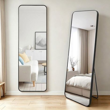 Wevalley Miroir sur Pied Pleine Longueur 140x35cm - Inclinable, Verre Trempé Anti-éclat, Moderne pour Chambre Dressing - Noir (1/5)