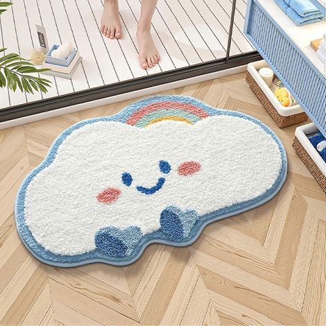Tapis de bain antidérapant mignon, tapis de bain en microfibre douce motif nuages, tapis de douche absorbant (bleu, 50 x 80 cm) (1/5)