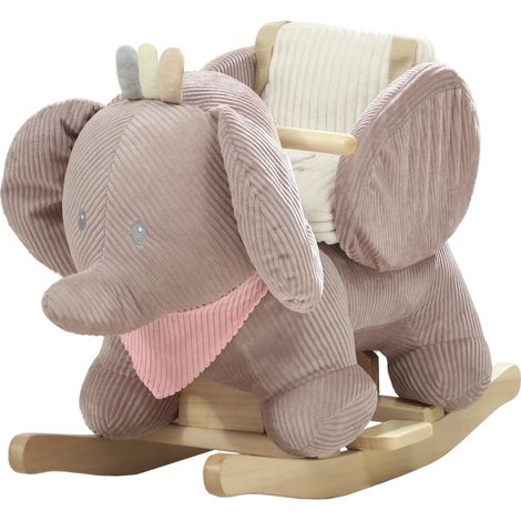 Cheval à bascule pour bébé avec son d'éléphant et harnais de sécurité 3 points, socle en bois marron (1/5)