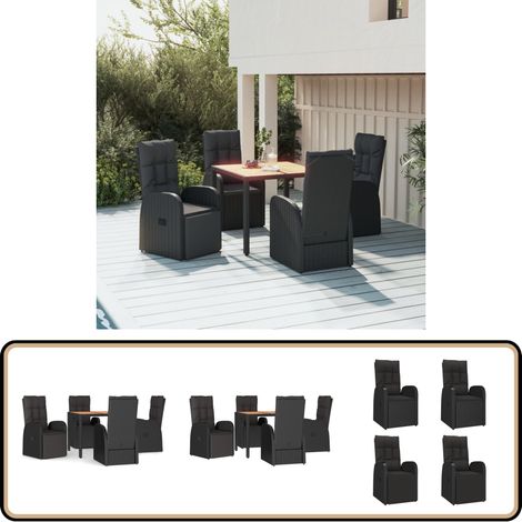 5-tlg. Garten-Essgruppe mit Kissen Schwarz Poly Rattan - Gartensessel - Gartenmöbel - Outdoor Möbel - Lounge Set - Gartenlounge