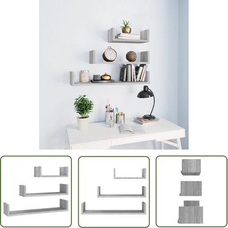 The Living Store Wandregale 3 Stk. Grau Sonoma Holzwerkstoff - Wandregal - Holzregal - Regal Grau - Wohnraum Dekoration - Badezimmer Regal (1/5)