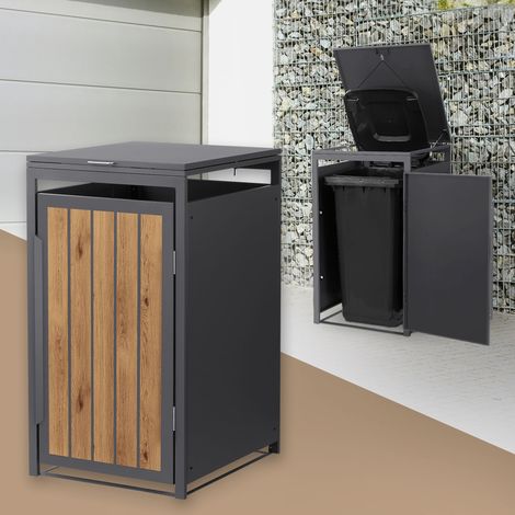 ML-Design Copribidone da Spazzatura per 1 Bidone 240L 68x80x120 cm in Acciaio Antracite Effetto Rovere Chiaro con Porta e Tetto a Ribalta, Resistente alle Intemperie, Deposito per Bidoni di Rifiuti