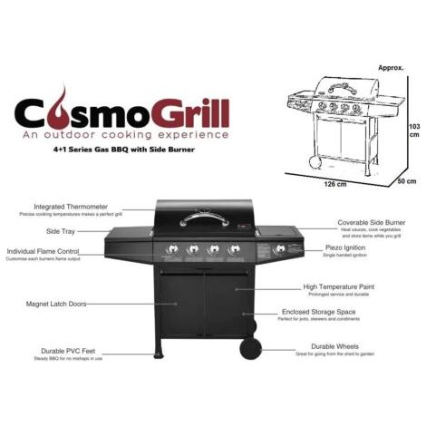 CosmoGrill  4+1 Gas Burner Garden Grill BBQ Barbecue W/ Side Burner & Storage - Black
