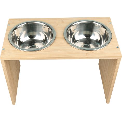 Für Katzen und Hunde Bambus mit 2 Edelstahlnäpfen, Katzen-Napf, erhöht Doppel-Fressnapf, Futterstation Futternapf-Halterung 2 x 0.3 L Erhöhter Futterspender für mittlere größere Hunde (1/5)