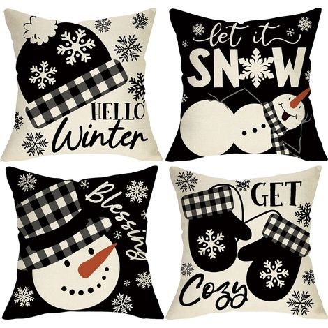 Fundas de cojín decorativas con diseño de muñeco de nieve (45 x 45 cm) para decoración de exteriores. Diseño "Let it Snow" (Que nieve). Gorro y guantes blancos y negros. Estampado de copos de nieve. (1/4)
