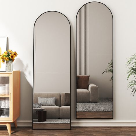 Boromal Schwarz Standspiegel Ganzkörperspiegel mit Schwarz Metallrahmen Ganzkörperspiegel Rundbogen 150 x 50 cm Wandspiegel Stehspiegel Standspiegel für Schlafzimmer, Wohnzimmer, Flur und Garderobe (1/5)