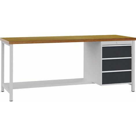 Établi l.2000xP750xH859 mm hêtre Multiplex gris clair gris anthracite 3 tiroirs