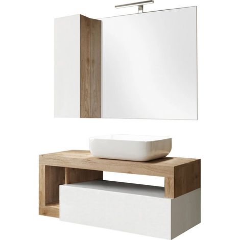 ARTURO - Meuble Vasque 110cm suspendu + Miroir blanc et aspect bois finition Cadiz (1/5)