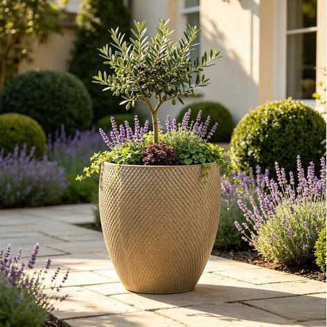 Pot de fleurs Ø46xH53 cm en céramique beige avec drainage, pour jardin résistant au gel – MEUBLIV (1/5)