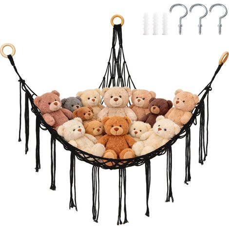 Filet de rangement tissé pour peluches - 100 x 100 x 140 cm - Filet triangulaire - Filet d'angle - Filet de rangement/hamac - Hamac pour peluches - Filet tissé à la main - Convient aux angles - Filet (1/5)