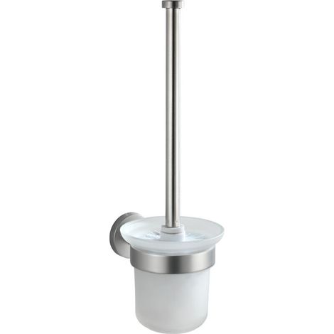 Brosse WC Murale, Brosse WC à fixer au mur, Tête de brosse remplaçable, Acier inoxydable et verre satiné, Fixation incluse, 10x35x14cm, Blanc (1/5)