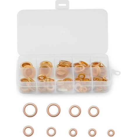 200 Stück Kupfer-Metallscheiben, Kupfer-Flachscheiben, Dichtungsringe, Messing-Flachdichtungen mit Sortierbox, geeignet für Schraubbefestigungen (M5/M6/M8/M10/M12/M14) (1/4)