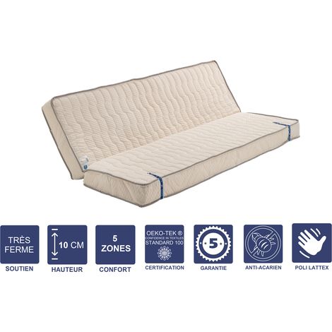 Matelas Très Ferme Pour Clic Clac + Alèse 140x200x 10 cm + Oreiller Visco - Dim Assise 70 cm - 5 zones de Confort - Ame Poli Lattex Haute Résilience (1/4)