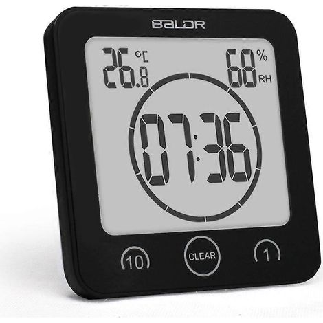 Réveil de salle de bain numérique LCD (noir), étanche, tactile, affichage de la température et de l'humidité, minuteur, 3 modes de fixation, fonctionne sur piles, 202 (1/5)