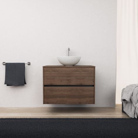Inda - Badezimmerschrank 2 Schubladen L.80 mit Aufsatzwaschbecken / Braune Eiche - Diamante