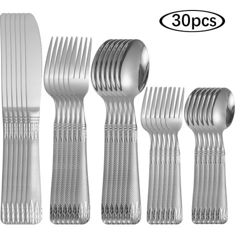 (30 pièces) Couverts en acier inoxydable couleur blé : couteau à steak, fourchette, cuillère, cuillère à dessert, fourchette à fruits (1/5)