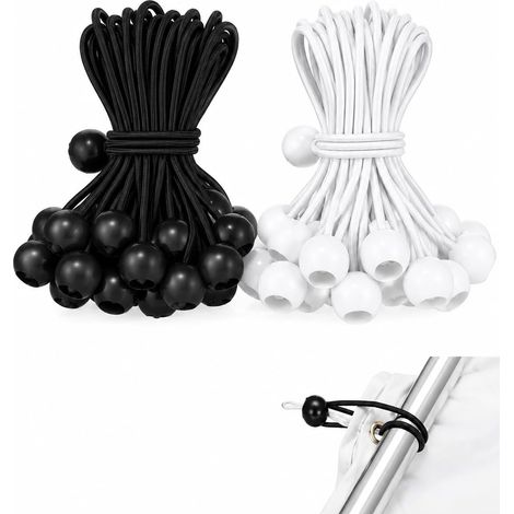 20 Tendeurs Élastiques avec Boule 10cm (Ø3,5mm, 10 Noir + 10 Blanc), Sandow Élastique pour Attache Bâche Piscine (1/5)