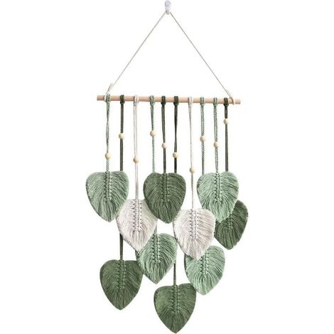 Papier peint à franges en macramé, motif feuilles vertes, style bohème chic. Décoration murale bohème faite main en corde de coton tissée. Art mural esthétique pour chambre. (1/5)