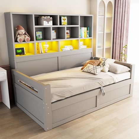 Multifunktions-Schlafsofa 90x200 cm Grau MDF mit Stauraum, LED-Beleuchtung und Steckdosen (1/5)