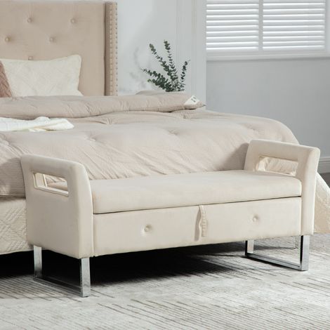 Pouf de rangement en velours avec accoudoirs, beige, idéal pour le salon, l'entrée et la chambre. (1/5)