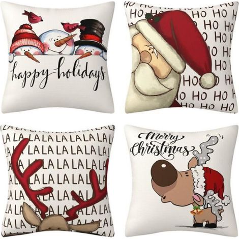 Housse de Coussin - Noël - 4 Pièces - 45x45cm - Lin - Décoration Intérieure (1/4)