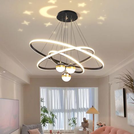 Lustre LED noir, motif ciel étoilé romantique et créatif,pour salons et chambres,luminaire rond à trois anneaux, avec télécommande,60 cm,BOMCLAP (1/5)