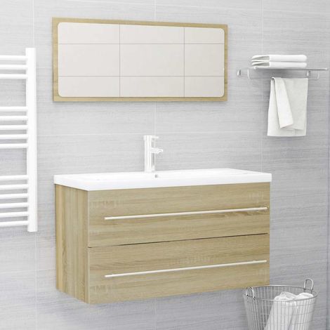 Ensemble meuble de salle de bain 2 pièces avec miroir, chêne sonoma, aggloméré - PANGIVO (1/5)