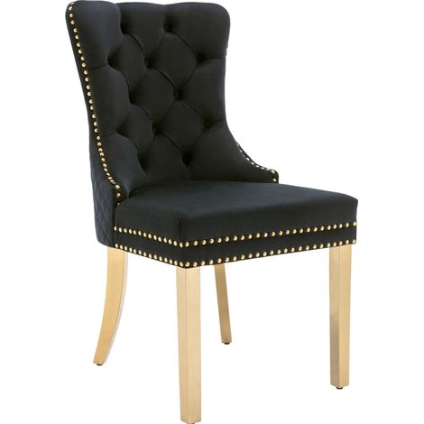 Chaise de salle à manger en velours noir avec anneau rond et pieds en acier inox doré (1/5)