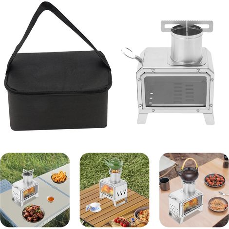 Hornilla de camping, acero inoxidable 201, tamaño 18,5 x 12,8 cm, altura 25,9 cm, diámetro de la chimenea 7,5 cm, peso bruto 2,15 kg (1/5)