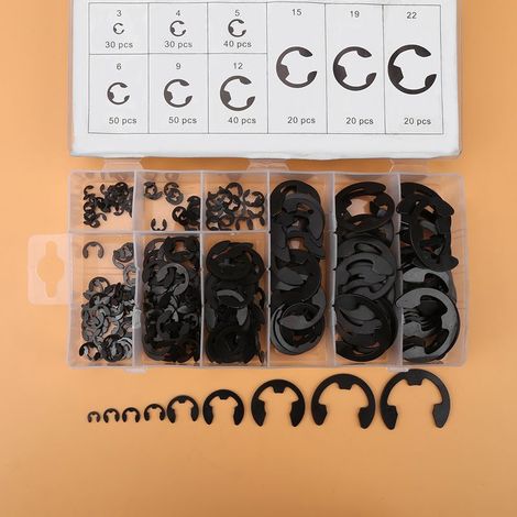300 pièces de clips métalliques noirs E, assortiment de circlips frettes 3-22mm avec boîte de rangement (1/5)