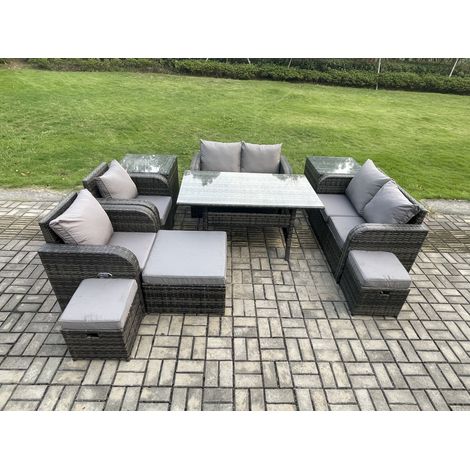 Fimous Outdoor Gartenmöbel-Set 10 Teil Grau Terrassenmöbel Set 9 Sitzer Lounge Sofa Set mit Rechteckiger Tisch Liegestuhln 3 Hockern 2 Beistelltischen (1/5)