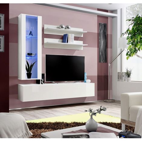 Ensemble meuble TV mural  - Fly II - 160 cm x 170 cm x 40 cm - Blanc - Livraison gratuite