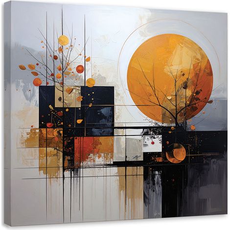 Impression sur Toile, Abstraction formes et feuilles orange et grises,40x40