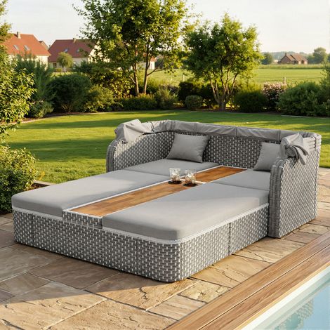 Ensemble de salon de jardin avec parasol / Salon de jardin en rotin synthétique avec tonnelle / Mobilier de terrasse résistant aux intempéries comprenant canapé, tabouret, fauteuil et table / Pour bal (1/5)