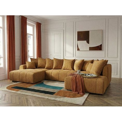 BOBOCHIC - Canapé panoramique convertible ROXELANE tissu bouclette Angle gauche Jaune (1/5)