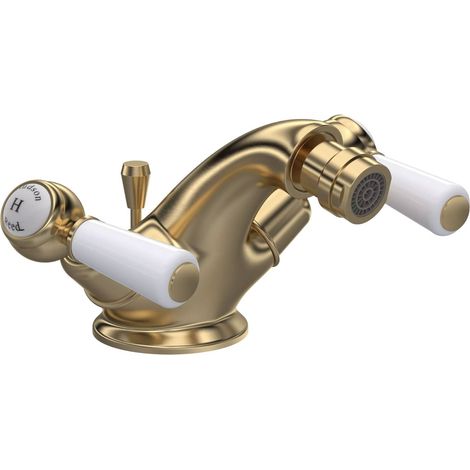 Hudson Reed Topaz Dome Collar Bidet Mixer Tap with Waste Lever Handle - White/Brushed Brass (1/2)