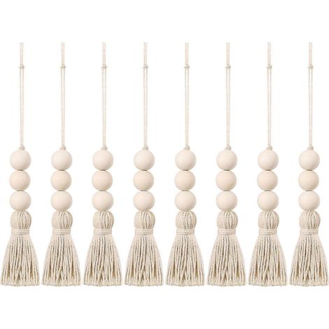Guirlande de perles en bois décorative (2 pièces) style rustique, ornement mural en perles beiges avec pompon. (1/5)