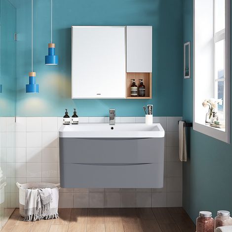 Wall Hung 2 Drawer Vanity Unit Basin Bathroom 800mm Gloss Grey (1/5)