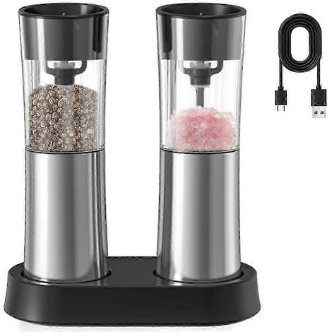 Ensemble moulin à sel et poivre électrique rechargeable, moulin automatique avec base de chargement, lumière LED, finesse de mouture réglable (1/5)