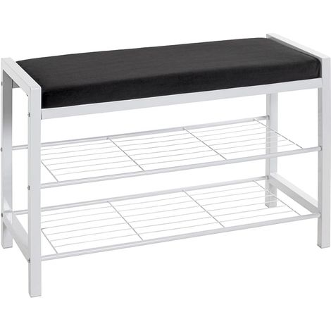Banc à Chaussures rembourré Noir et Blanc, métal, étagère à Chaussures avec Assise, Tissu Velours - Dimensions : L 75 x H 50 x P 32 cm Style : Moderne (1/5)