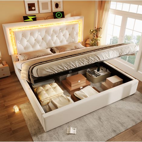 Cama Baúl 140x200 Cm Almacenaje Hidráulico Cabecero LED Terciopelo Beige (1/5)
