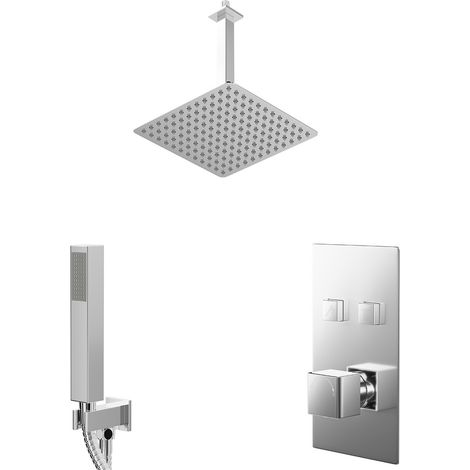 Cubix Polished Chrome Push Button Diverter Concealed Thermostatic Shower Valve and 300mm Square Head with 300mm Ceiling Arm and Outlet Holder with Kit - 2 Outlet (1/5)